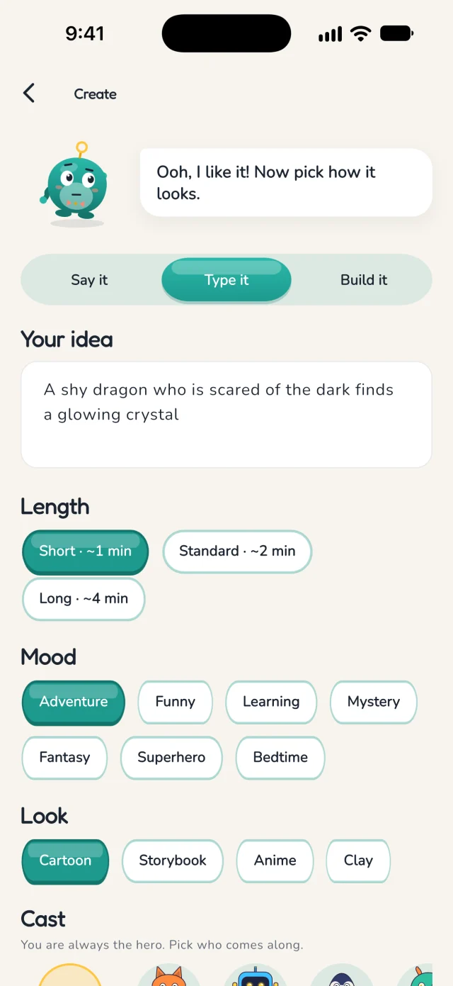 Mimbo's Create screen with a typed idea and Loopy saying it likes it
