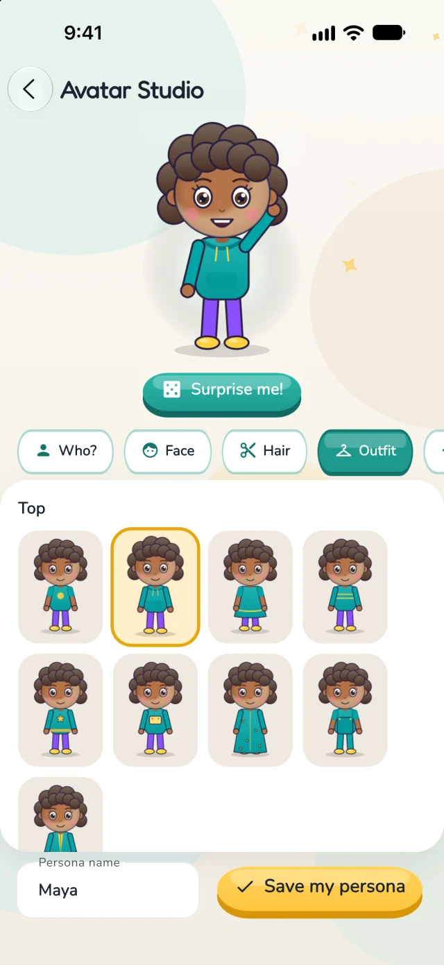 Mimbo's Avatar Studio showing a girl with curly hair in a teal hoodie, with outfit choices drawn on her