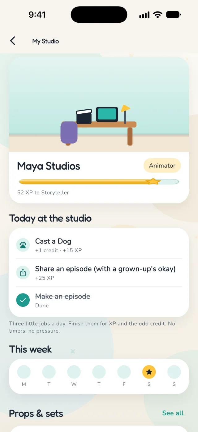 My Studio: Maya Studios at the Animator rank, with today's studio jobs and this week's progress
